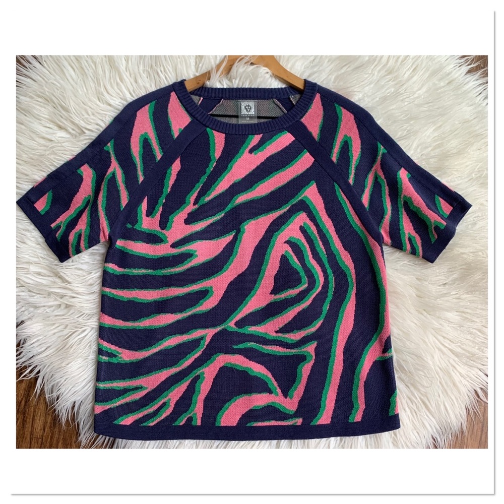 Anne Klein Knit Sweater Zebra Lion Stripes Blue Pink Green Size Medium